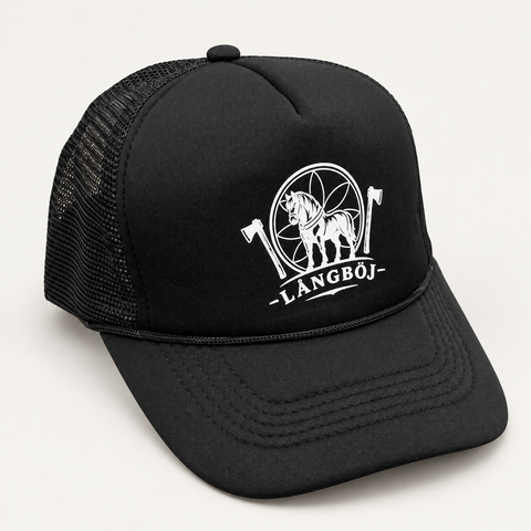 Greve Långböj Foam Trucker – svart med vit Långböj-logga