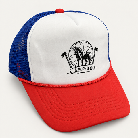 Greve Långböj Foam Trucker – vit, blå och röd med svart Långböj-logga