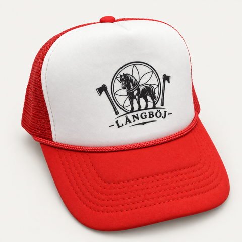 Greve Långböj Foam Trucker – vit och röd med svart Långböj-logga
