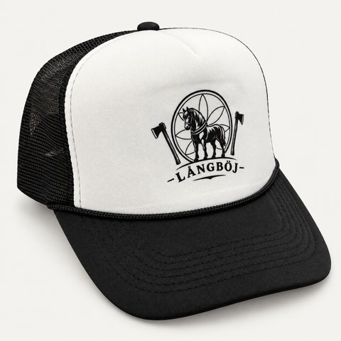 Greve Långböj Foam Trucker – vit och svart med svart Långböj-logga