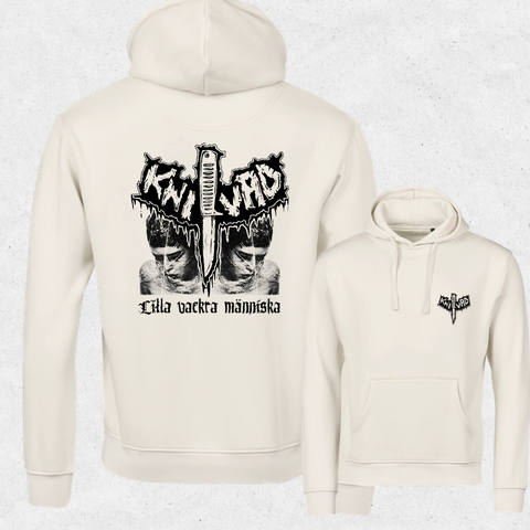 Knivad Lilla vackra människa Hoodie – Ecru, ryggtryck och bröstlogga