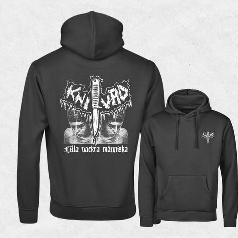 Knivad Lilla vackra människa Hoodie – Svart, ryggtryck och bröstlogga
