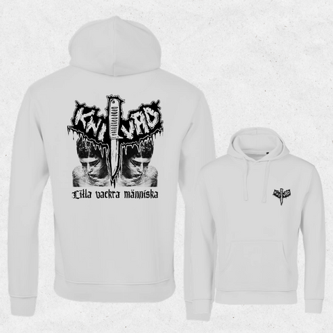 Knivad Lilla vackra människa Hoodie – Vit, ryggtryck och bröstlogga
