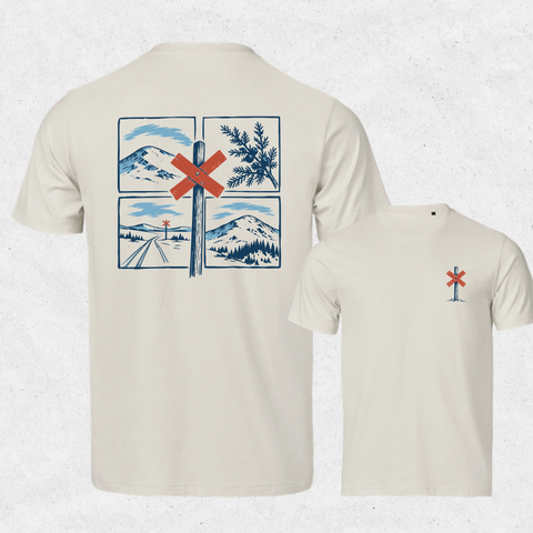 Ledkryss Fjällblå Backprint Tee i Ecru med ryggtryck och litet brösttryck