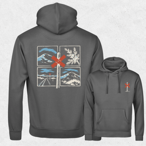 Ledkryss Frost Hoodie i Powder Grey med ryggtryck och litet brösttryck